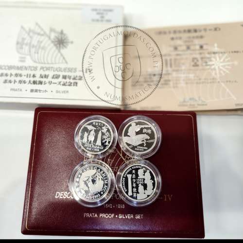 IV Série dos descobrimentos em Prata PROOF 1993, 4 moedas 200$00 Prata 925%, "Chegada ao Japão", World Coins Portugal KM PS16