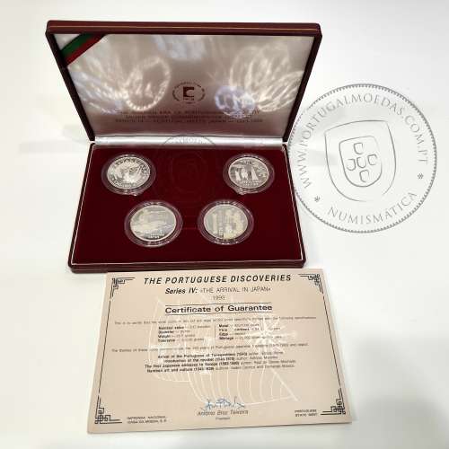 IV Série dos descobrimentos em Prata PROOF 1993, 4 moedas 200$00 Prata 925%, "Chegada ao Japão", World Coins Portugal KM PS16
