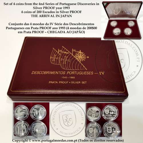 4th Portuguese Discoveries Series in Silver PROOF 1993, 4 coins 200$00 Silver, "Arrival in Japan", World Coins Portugal KM PS16
