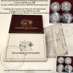 I Série dos descobrimentos em Prata PROOF 1987 - 1988, 4x moedas 100$00 Prata 925%, "À Descoberta da Àfrica", Portugal KM PS7