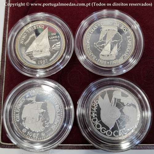 I Série dos descobrimentos em Prata PROOF 1987 - 1988, 4x moedas 100$00 Prata 925%, "À Descoberta da África", Portugal KM PS7