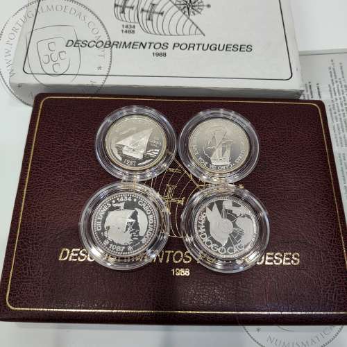 I Série dos descobrimentos em Prata PROOF 1987 - 1988, 4x moedas 100$00 Prata 925%, "À Descoberta da África", Portugal KM PS7