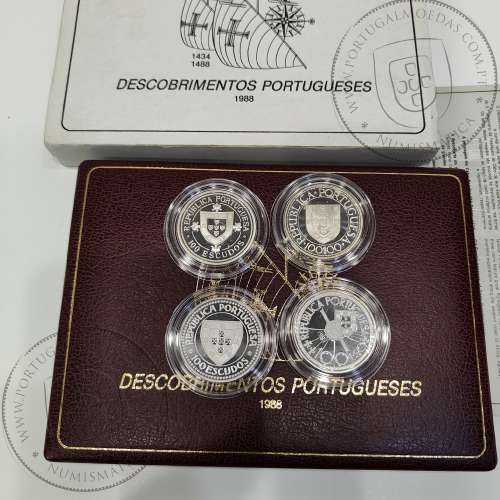 I Série dos descobrimentos em Prata PROOF 1987 - 1988, 4x moedas 100$00 Prata 925%, "À Descoberta da África", Portugal KM PS7