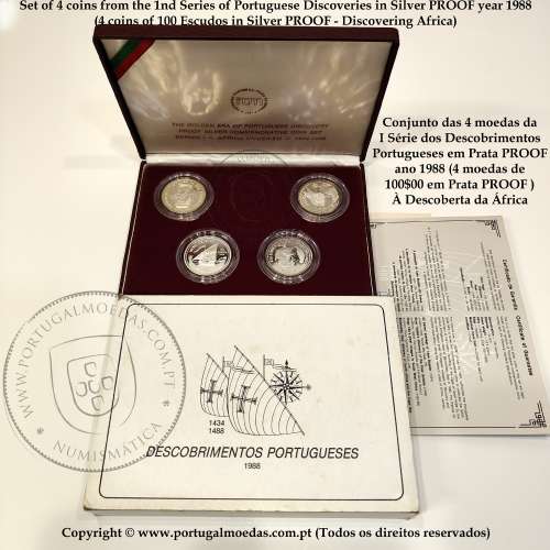 I Série dos descobrimentos em Prata PROOF 1987 - 1988, 4x moedas 100$00 Prata 925%, "À Descoberta da África", Portugal KM PS7