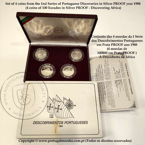 Complete set of 4 coins from the 1nd Series of Portuguese Discoveries in Silver PROOF 1988 "Discovering Africa", Portugal KM PS7