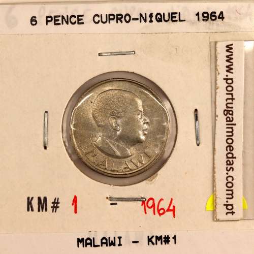 Malawi 6 Pence 1964 Cupro-níquel, (Bela), World Coins Malawi KM 1
