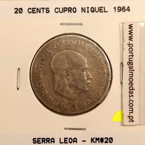 Serra Leoa 20 cents 1964 Cupro-níquel, (MBC), World Coins Sierra Leone KM 20