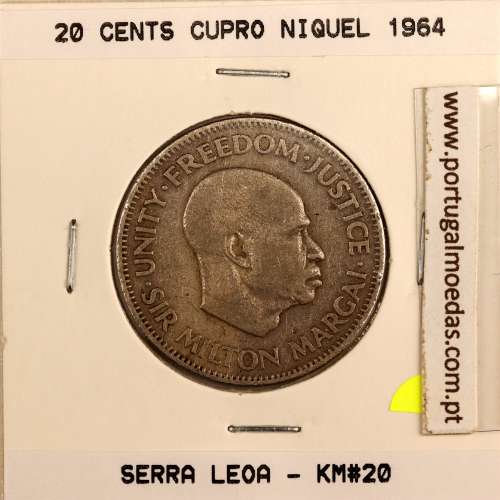 Serra Leoa 20 cents 1964 Cupro-níquel, (MBC), World Coins Sierra Leone KM 20