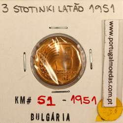 Bulgária 3 Stotinki 1951 Latão, World Coins Bulgaria KM 51
