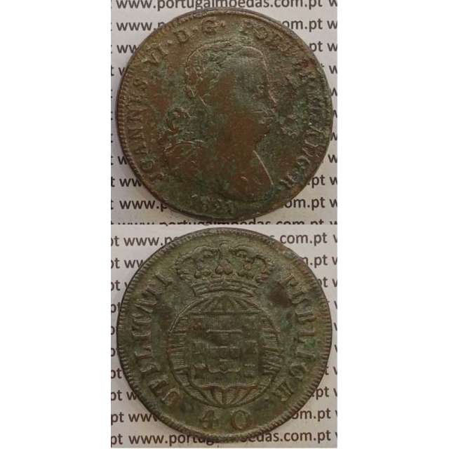 MOEDA PATACO (40 RÉIS) BRONZE 1821 (BC) LEGENDA SEPARADA/CRUZ IRRADIADA