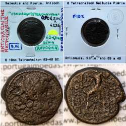 Selêucia Piéria Æ Tetrachalkon Bronze, Antioquia, Síria, ano incerto entre 63 e 40 a.C. Legenda: ΑΝΤΙΟΧΕΩΝ ΤΗΣ / ΜΗΤΡΟΠΟΛΕΩΣ