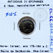Reino da Selêucida ANTIOCHUS IV EPIPHANES ano 175-164 a.C., Æ Hemichalque serratus, Ake (Israel), legenda BAΣIΛEΩΣ ANTIOXOY