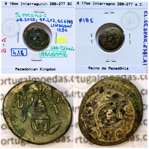 Reino da Macedônia Æ 17 "Dichalkon", Meia Unidade Bronze,  Reino da Macedónia Interregno 288-277 a.C., Legenda: B-A, Sear 6781