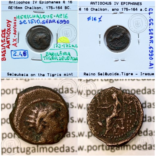 Ancient greeK coin, Antiochos IV Epiphanes. 175-164 BC. AE16 Chalkon, Seleukeia on the Tigris mint. Legend: BAΣIΛEΩΣ ANTIOXOY.