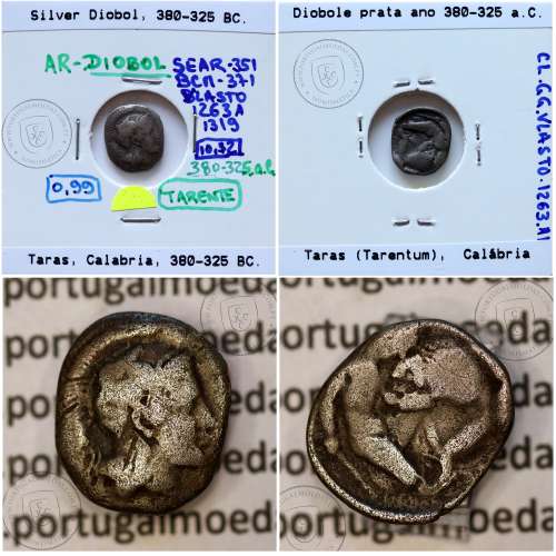 Moeda Grega Diobole prata de Taras (Tarentum) Calábria, ano 380-325 a.C., Anepígrafa.  Vlasto. 1263- 1319, Sear 351, BCM 371