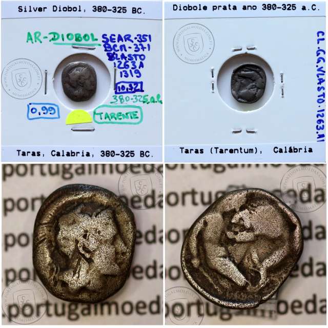 Ancient greeK  coin, Taras, Calabria, 380-325 BC., Silver Diobol, (Sear 351, BCM 371, Vlasto. 1263- 1319)