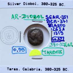 Moeda Grega Diobole prata de Taras (Tarentum) Calábria, ano 380-325 a.C., Anepígrafa.  Vlasto. 1263- 1319, Sear 351, BCM 371