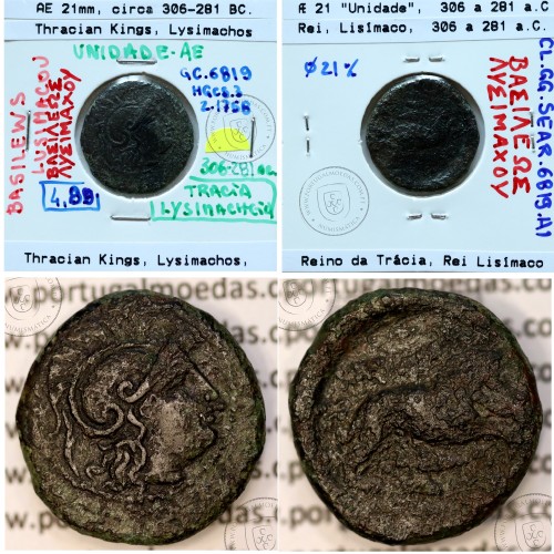 Reino Trácio, Rei Lisímaco, ano 306 a 281 a.C. Æ 21 "Unidade" Bronze,  Legenda: BAΣIΛEΩΣ ΛYΣIMAXOY , (Sear 6819)