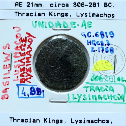Reino Trácio, Rei Lisímaco, ano 306 a 281 a.C. Æ 21 "Unidade" Bronze,  Legenda: BAΣIΛEΩΣ ΛYΣIMAXOY , (Sear 6819)