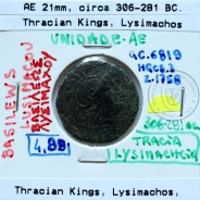 Reino Trácio, Rei Lisímaco, ano 306 a 281 a.C. Æ 21 "Unidade" Bronze,  Legenda: BAΣIΛEΩΣ ΛYΣIMAXOY , (Sear 6819)