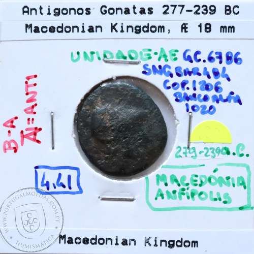 Ancient greeK coin, Macedonian Kingdom, AE 17, Antigonos Gonatas 277-239 BC, Legend: B-A ANT, (Sear 6786)