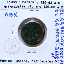 Pontos, Amisos, reino de Mithradates VI, ano 120-63 a.C., Æ19 (Unidade), Pontos ( atual Samsun na Turquia), legenda: AMI-ΣOY IB