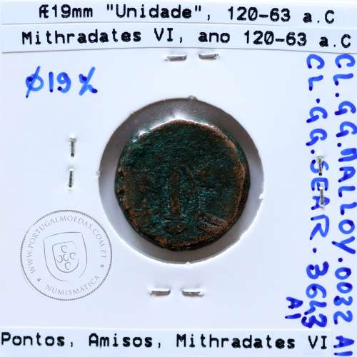 Pontos, Amisos, reino de Mithradates VI, ano 120-63 a.C., Æ19 (Unidade), Pontos ( atual Samsun na Turquia), legenda: AMI-ΣOY IB