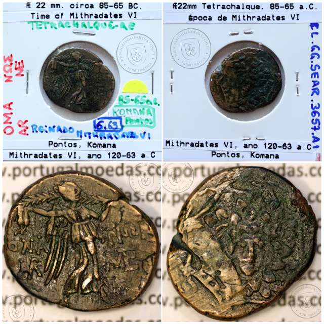 Pontos, Komana, Æ22 (Tetrachalque), ano 85-65 a.C., época de Mithradates VI, ano 120-63 a.C., Pontos, legenda: KOMA-NΩN