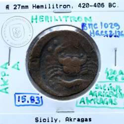 Moeda da Grécia antiga, Sicília, Akragas, Æ 27 Hemilitron, ano 420-406 a.C., (Calciati 11) Moeda da Grécia antiga, Sicília, Akragas, Æ 27 Hemilitron, ano 420-406 a.C., (Calciati 11)