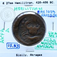 Ancient greeK coin,  Sicily, Akragas, Æ 28mm Hemilitron, 420-406 BC.