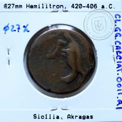 Moeda da Grécia antiga, Sicília, Akragas, Æ 27 Hemilitron, ano 420-406 a.C., (Calciati 11)