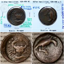 Moeda da Grécia antiga, Sicília, Akragas, Æ 27 Hemilitron, ano 420-406 a.C., (Calciati 11) Moeda da Grécia antiga, Sicília, Akragas, Æ 27 Hemilitron, ano 420-406 a.C., (Calciati 11)