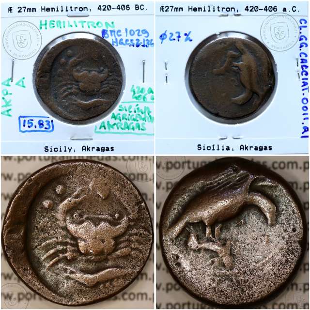Moeda da Grécia antiga, Sicília, Akragas, Æ 27 Hemilitron, ano 420-406 a.C., (Calciati 11)