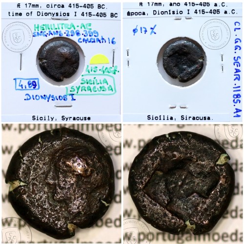 Ancient greeK coin, Sicily, Syracuse. time of Dionysios I, Circa 415-405 BC. Æ 17mm Hemilitron, (Sear 1185)