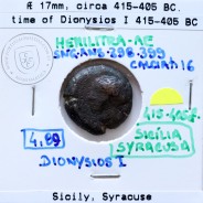 Sicília, Siracusa. época de Dionísio I, ano 415-405 a.C., Hemilitron Æ 17 mm, (Sear 1185)