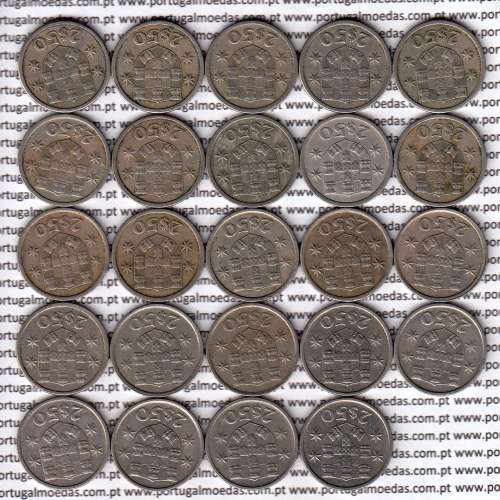 Coleção completa de 24 moedas de 2$50 escudos 1963 a 1985 cuproníquel da República Portuguesa, World Coins Portugal KM 590