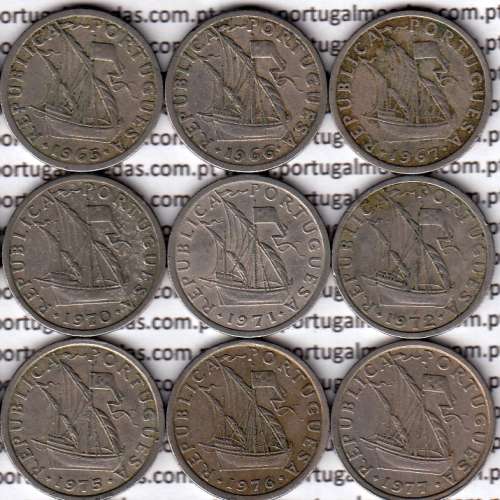 Coleção completa de 24 moedas de 2$50 escudos 1963 a 1985 cuproníquel da República Portuguesa, World Coins Portugal KM 590