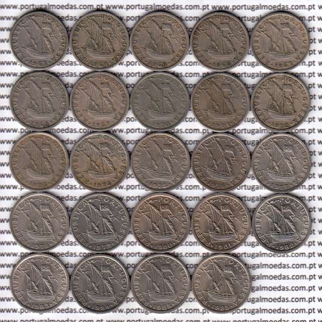 Coleção completa de 24 moedas de 2$50 escudos 1963 a 1985 cuproníquel da República Portuguesa, World Coins Portugal KM 590