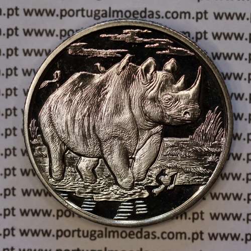 Serra Leoa, 1 Dólar 2007 Rinoceronte, Cuproníquel (PROOF), Série animais de África, World Coins Sierra Leone KM 328