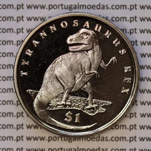 Serra Leoa, 1 Dólar 2006 Tyrannosaurus, Cuproníquel (PROOF), Série Dinossauros, World Coins Sierra Leone KM 309