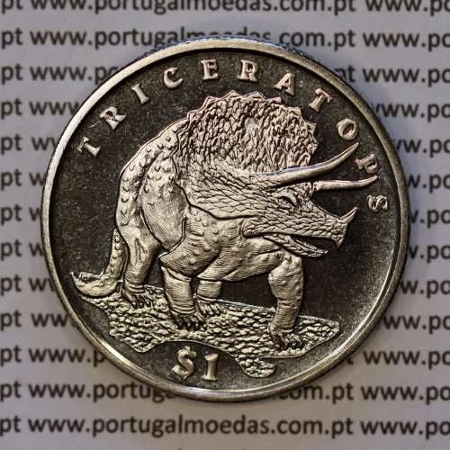 Serra Leoa, 1 Dólar 2006 Triceratops, Cuproníquel (PROOF), Série Dinossauros, World Coins Sierra Leone KM 310