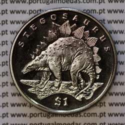 Serra Leoa, 1 Dólar 2006 Stegosaurus, Cuproníquel (PROOF), Série Dinossauros, World Coins Sierra Leone KM 308