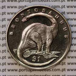 Serra Leoa, 1 Dólar 2006 Brontosaurus, Cuproníquel (PROOF), Série Dinossauros, World Coins Sierra Leone KM 324