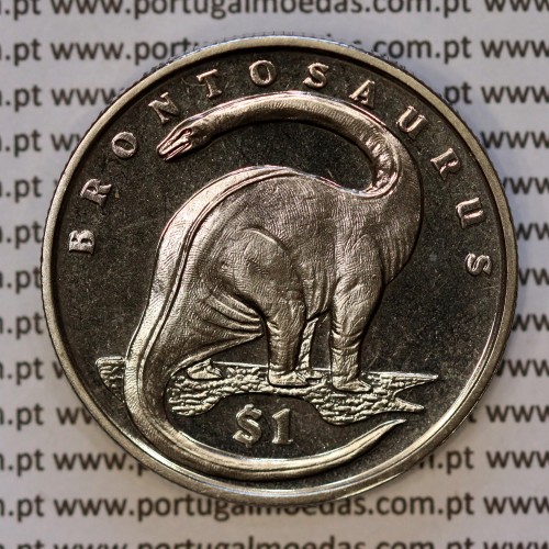 Serra Leoa, 1 Dólar 2006 Brontosaurus, Cuproníquel (PROOF), Série Dinossauros, World Coins Sierra Leone KM 324