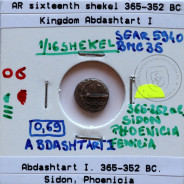 Sidon, Phoenicia, 1/16 Shekel em prata, reinado de Abdashtart I. 365-352 a.C., Sidon, Fenícia (Líbano), Sear 5940