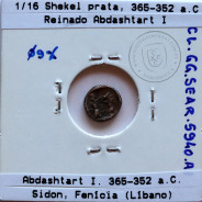 Sidon, Phoenicia, 1/16 Shekel em prata, reinado de Abdashtart I. 365-352 a.C., Sidon, Fenícia (Líbano), Sear 5940
