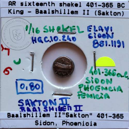 Sidon, Phoenicia, 1/16 Shekel em prata, reinado de Baalshillem II (Sakton) 401-365 a.C., Sidon, Fenícia (Líbano)