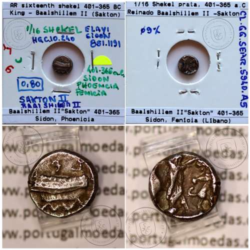 Sidon, Phoenicia, 1/16 Shekel em prata, reinado de Baalshillem II (Sakton) 401-365 a.C., Sidon, Fenícia (Líbano)