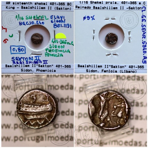 Sidon, Phoenicia, 1/16 Shekel em prata, reinado de Baalshillem II (Sakton) 401-365 a.C., Sidon, Fenícia (Líbano)