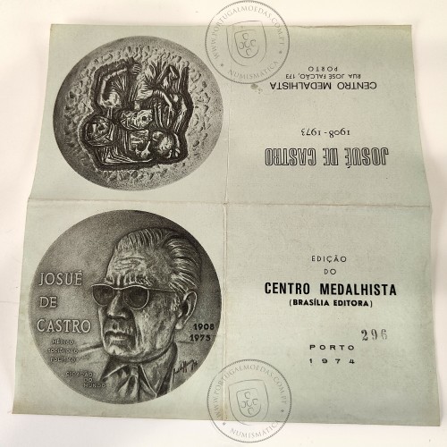 Josué de Castro 1908-1973, foi um médico, nutrólogo, professor, geógrafo, cientista e político, Medalha Escultor José de Moura